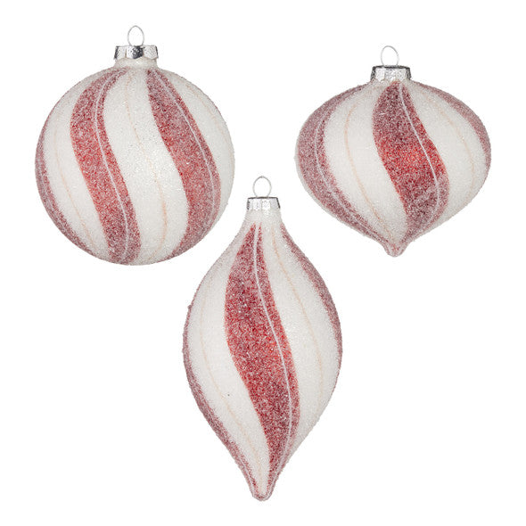 RAZ Imports <br> Hanging Ornament <br> Red and White Peppermint Striped Glass Ornament (3AT)