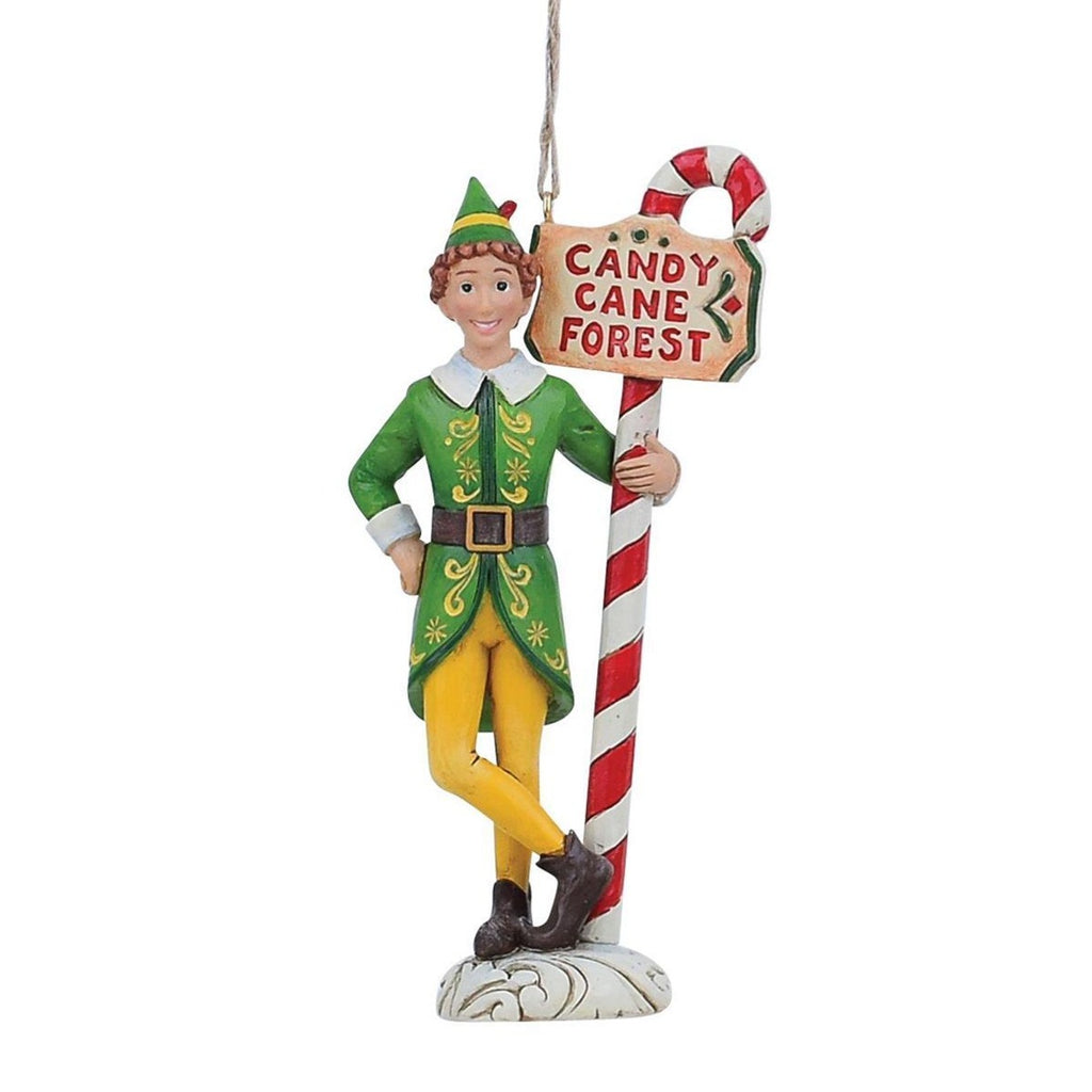 Elf by Jim Shore <br> Hanging Ornament <br> Buddy Elf Holding Candy Cane Forest Signpost Hanging Ornament (13cm)