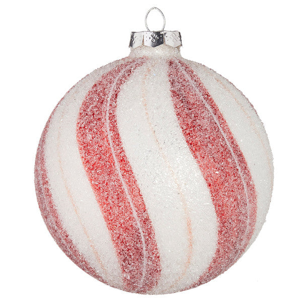 RAZ Imports <br> Hanging Ornament <br> Red and White Peppermint Striped Glass Ornament (3AT)