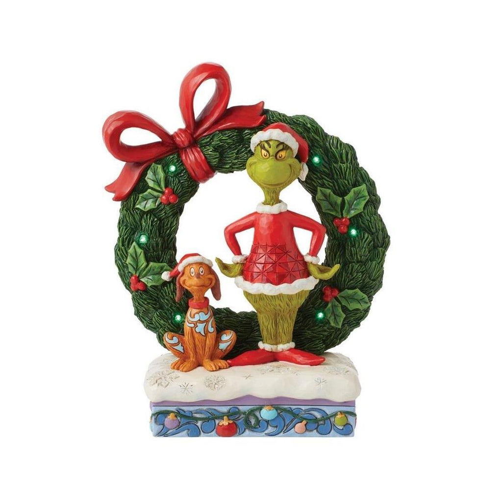PRE-ORDER 2024 <br> Grinch by Jim Shore <br> Lit Grinch & Max in Wreath (21cm)