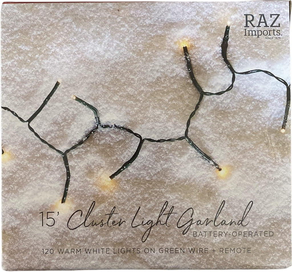 RAZ Lights <br> 120 Battery Operated Warm White Cluster Light Garland (4.6m)