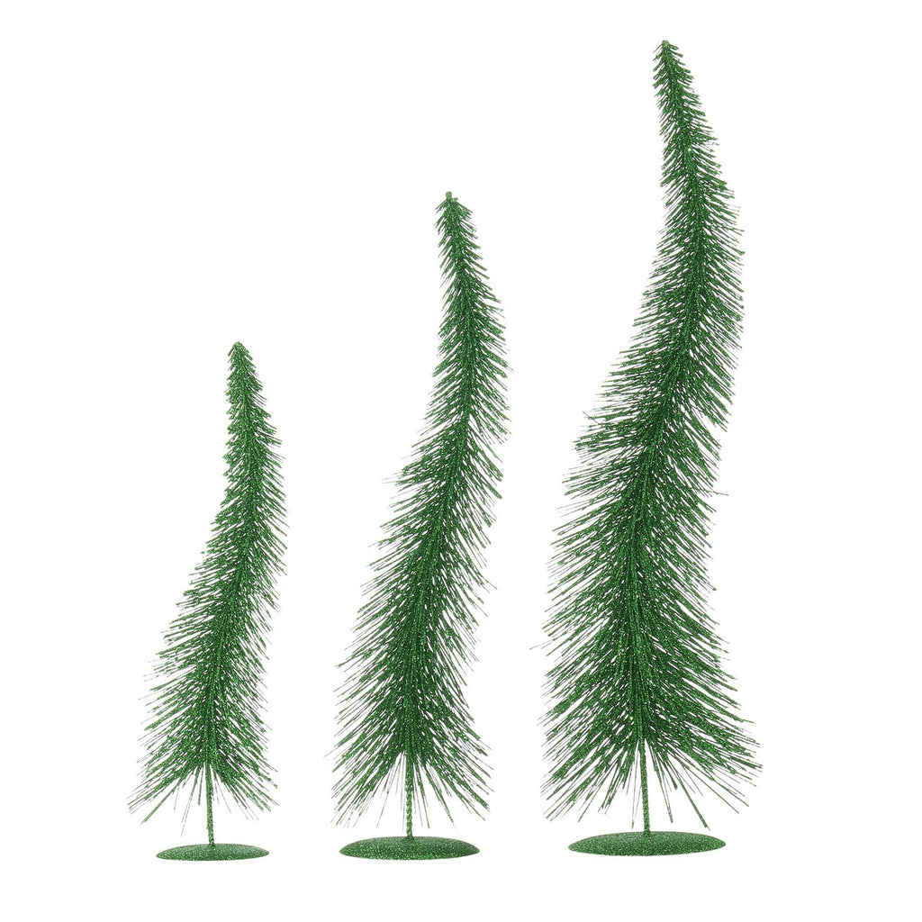 RAZ Imports <br> Table Trees <br> Green Glittered Curvy Bottle Brush Christmas Trees (Set of 3)