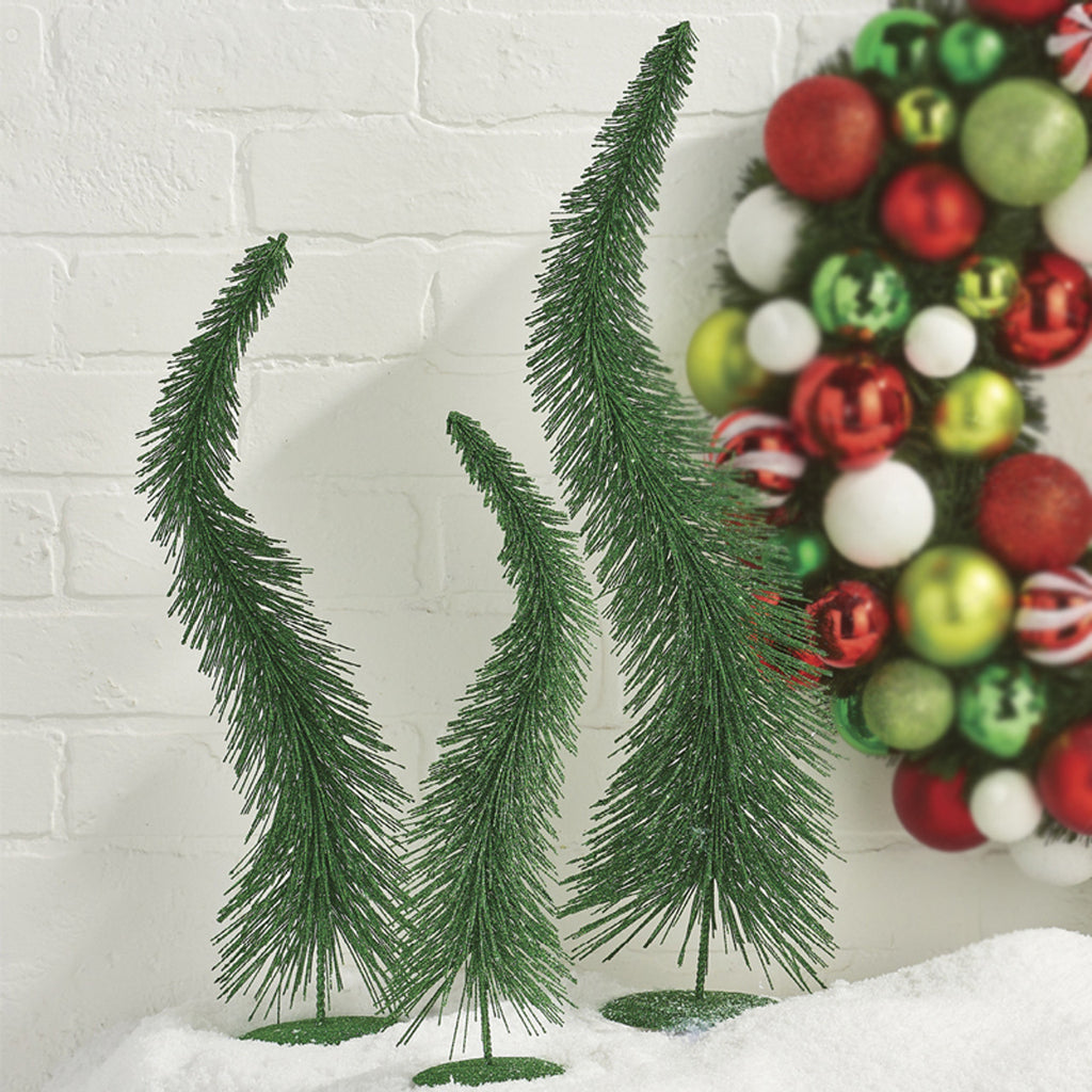 RAZ Imports <br> Table Trees <br> Green Glittered Curvy Bottle Brush Christmas Trees (Set of 3)