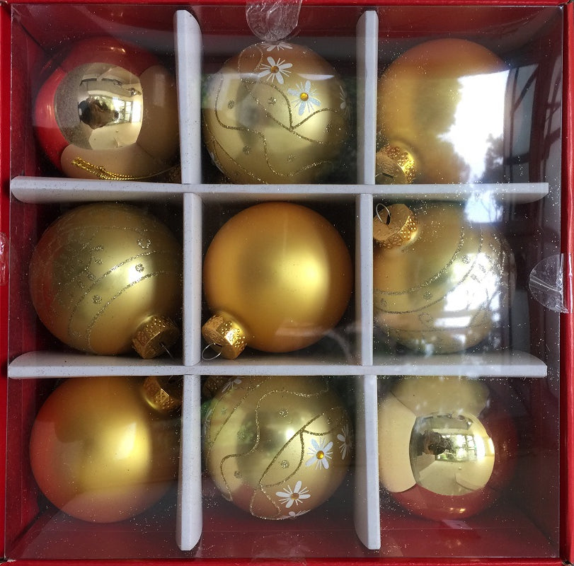 Hanging Ornaments <br> 80mm Set of 9 Glass Baubles <br> Gold