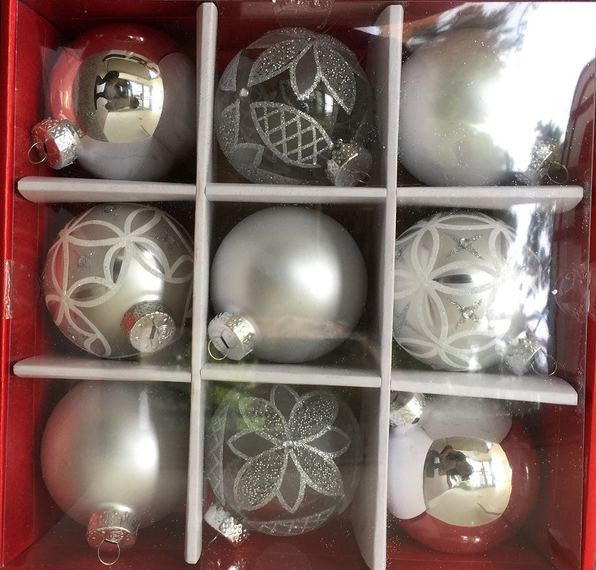 Hanging Ornaments <br> 80mm Set of 9 Glass Baubles <br> Silver