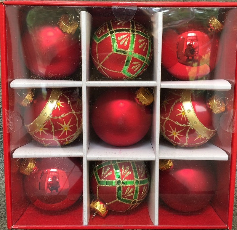 Hanging Ornaments <br> 80mm Set of 9 Glass Baubles <br> Red