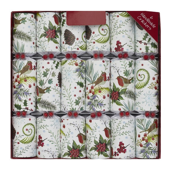 Bon Bons (Box of 6) <br> 12" Red & Gold White centre <br> w/holly branches, pinecones, robins