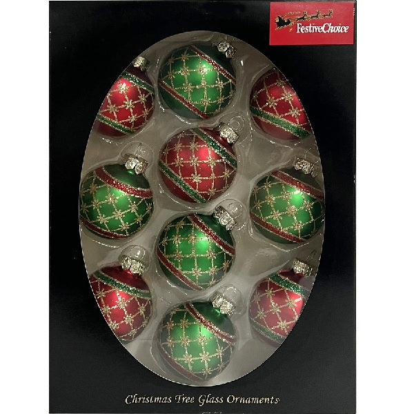 Hanging Ornaments <br> 45mm Red + Green Christmas Glass Baubles <br> Set of 10
