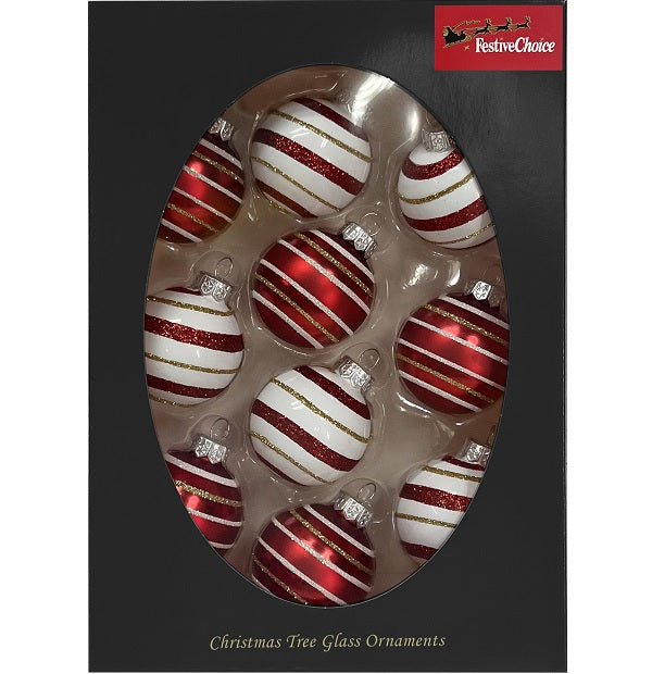 Hanging Ornaments <br> 45mm Red + White Glass Baubles <br> Set of 10