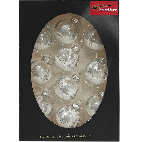 Hanging Ornaments <br> 45mm Clear + Silver Glass Baubles <br> Set of 10