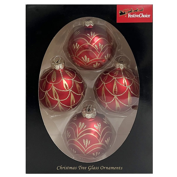 Hanging Ornaments <br> 65mm Set of 4 Glass Baubles <br> Red