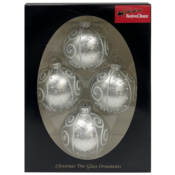 Hanging Ornaments <br> 65mm Set of 4 Glass Baubles <br> Silver