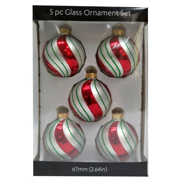 Hanging Ornaments <br> 67mm Set of 5 Glass Baubles <br> Peppermint Swirl