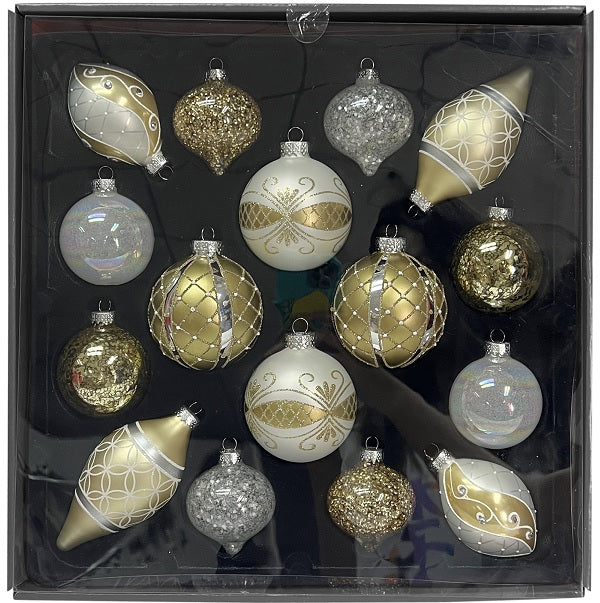 Hanging Ornaments <br> 80mm & 60mm Set of 16 Glass Baubles <br> Gold