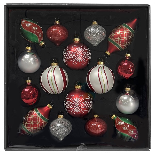Hanging Ornaments <br> 80mm & 60mm Set of 16 Glass Baubles <br> Red