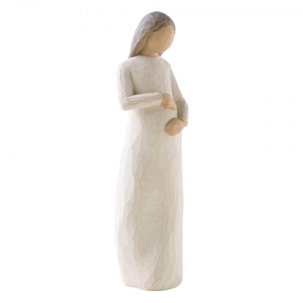 Cherish by Willow Tree. Standing pregnant female figure in cream dress, with both hands on belly
