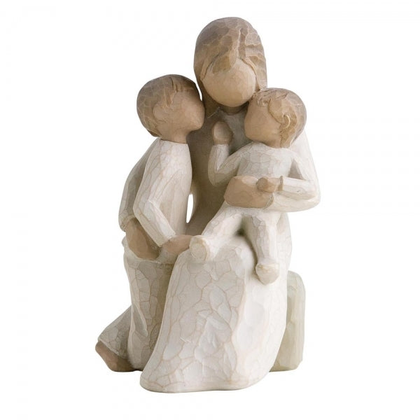 Quietly by Willow Tree. Figure of seated female in cream dress, with one arm holding small toddler, other arm around older child standing next to her; toddler and child in cream onesies