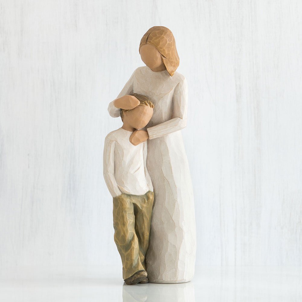 Mother and Son by Willow Tree. Standing figure in cream dress, with arms around young boy in cream shirt and dark pants