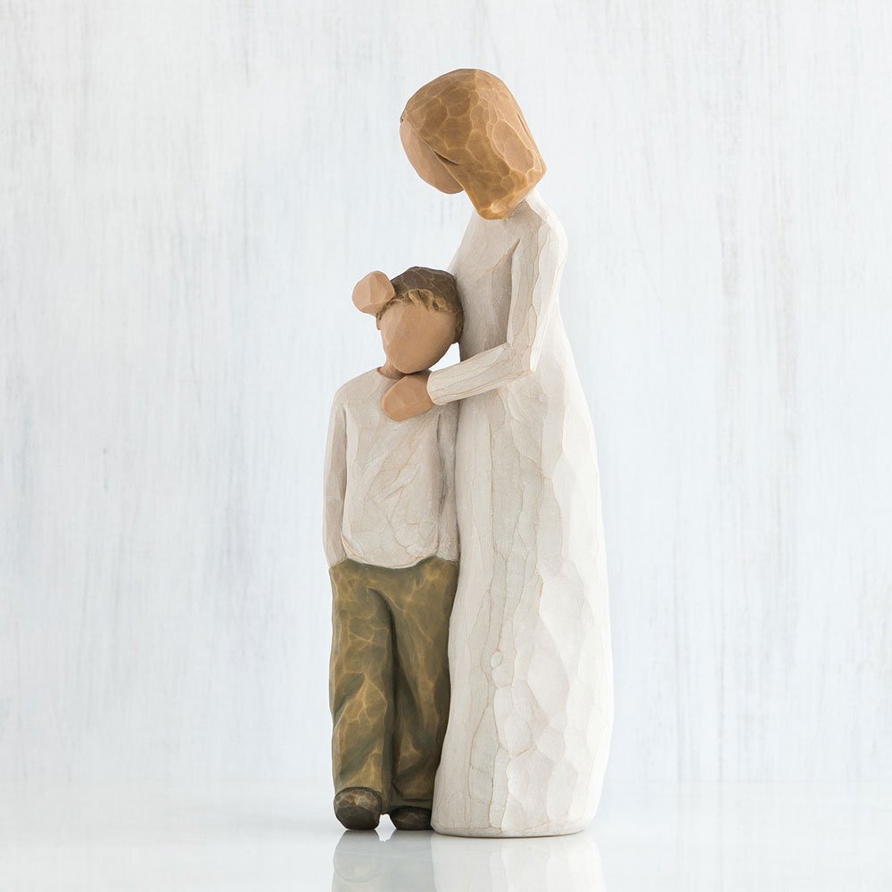 Mother and Son by Willow Tree. Standing figure in cream dress, with arms around young boy in cream shirt and dark pants