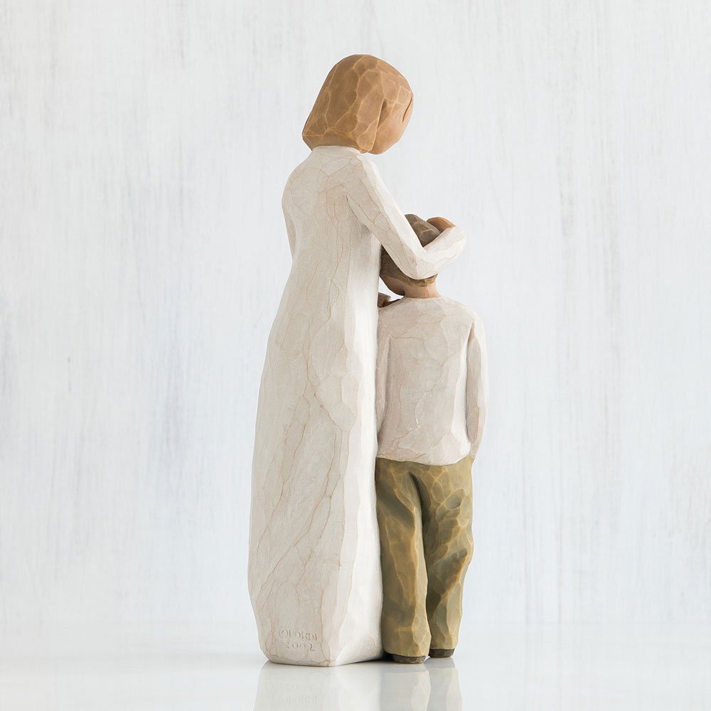 Mother and Son by Willow Tree. Back View -  Standing figure in cream dress, with arms around young boy in cream shirt and dark pants