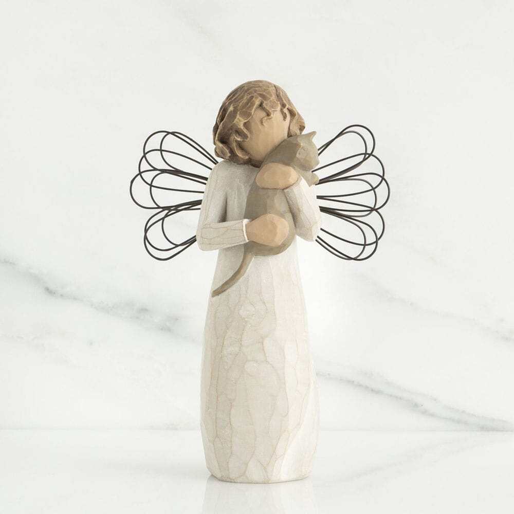 With Affection Angel by Willow Tree. Standing angel in cream dress with wire wings, holding gray cat in her arms