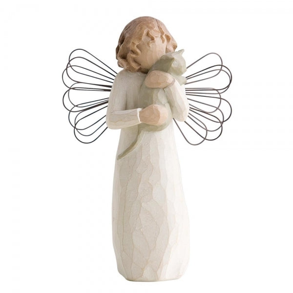 With Affection Angel by Willow Tree. Standing angel in cream dress with wire wings, holding gray cat in her arms