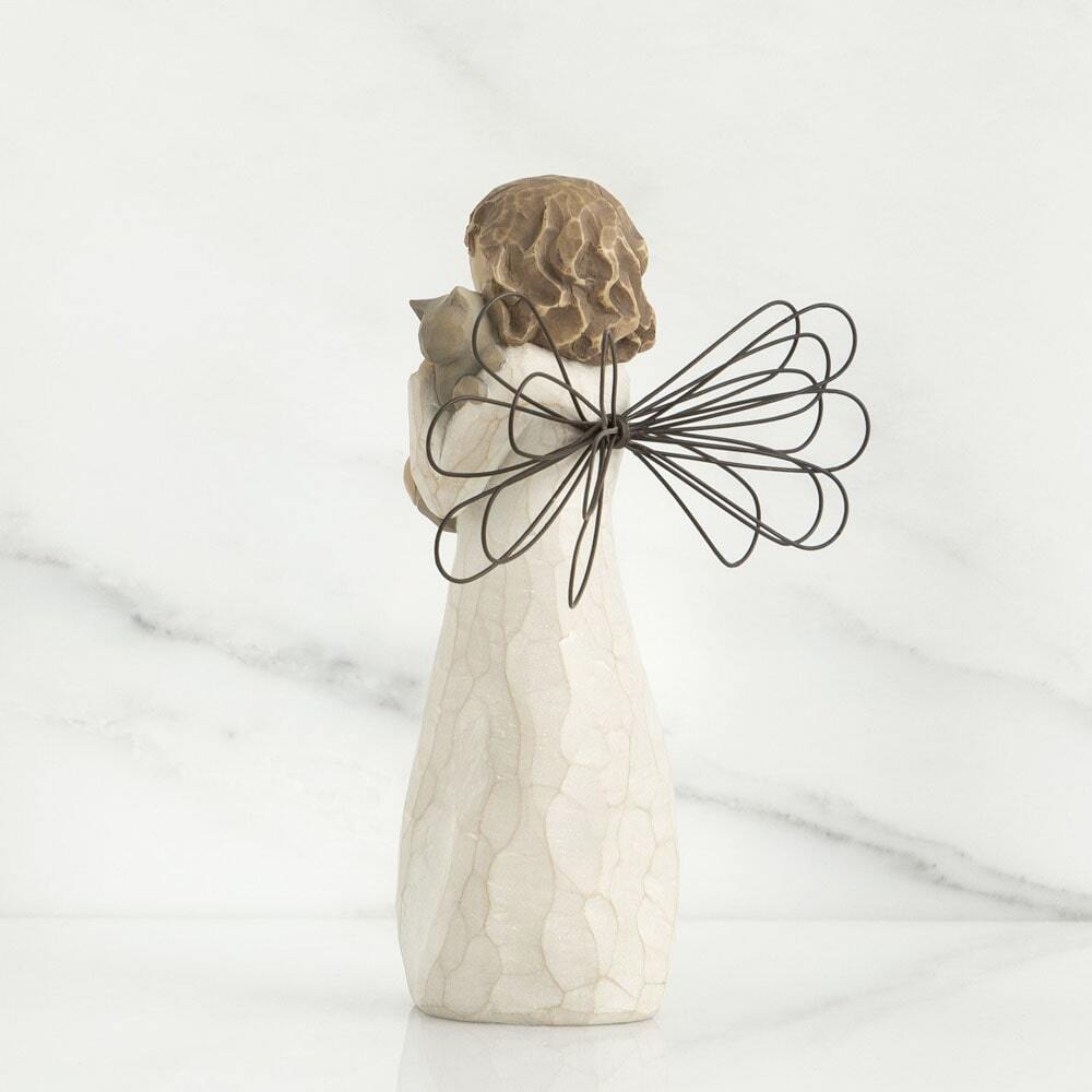 With Affection Angel by Willow Tree. Back View - Standing angel in cream dress with wire wings, holding gray cat in her arms