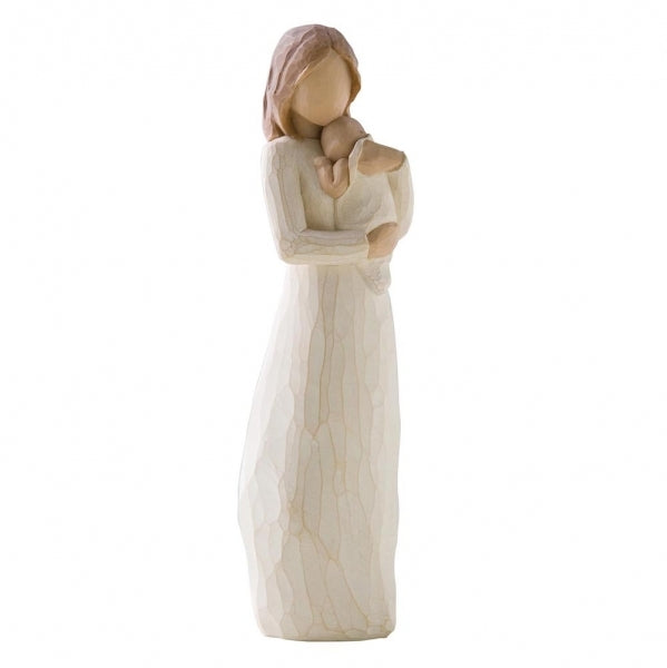 Angel of Mine by Willow Tree. Standing figure in cream dress, holding infant in cream blanket to her chest