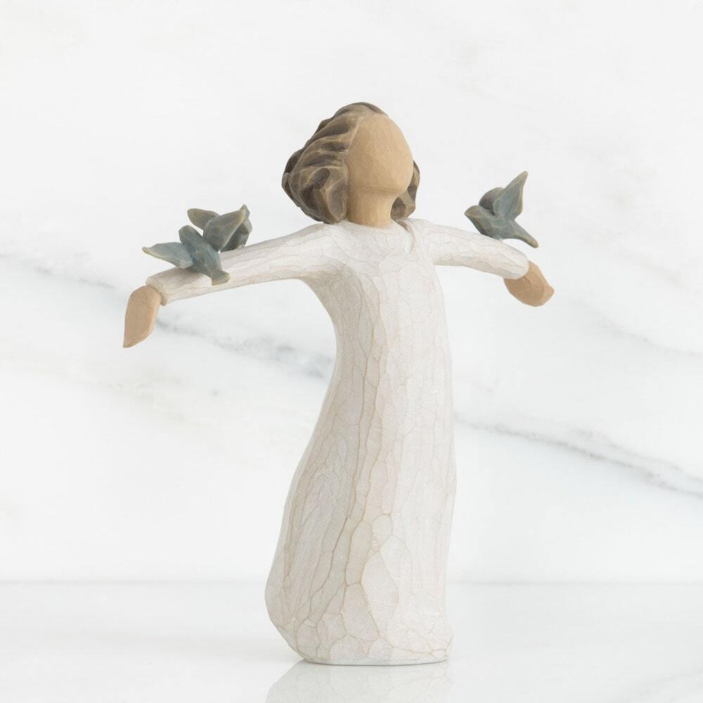 Happiness by Willow Tree. Standing figure in cream dress, with three bluebirds perched on outstretched arms