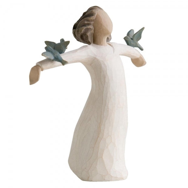 Happiness by Willow Tree. Standing figure in cream dress, with three bluebirds perched on outstretched arms