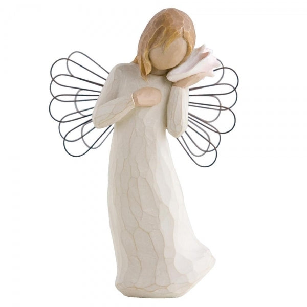 Thinking of You Angel by Willow Tree. Standing angel in cream dress with wire wings, holding pink conch shell to ear