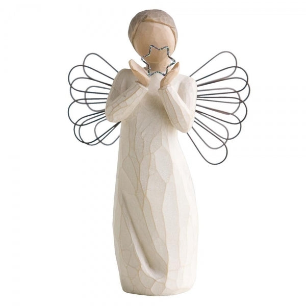 Bright Star Angel by Willow Tree. Standing angel in cream dress with wire wings, holding glitter wire star in her hands