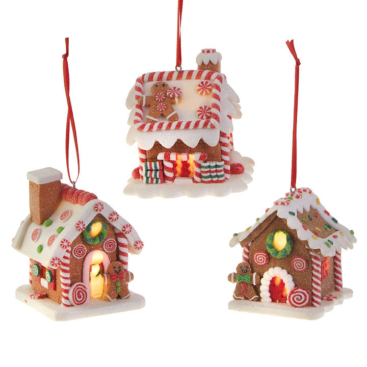 RAZ Imports <br> Hanging Ornament <br> Lit Gingerbread House <br> (3 Assorted)