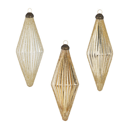 RAZ Imports <br> Hanging Ornament <br> Glittered Diamond Ribbed Ornament <br> 3 Assorted