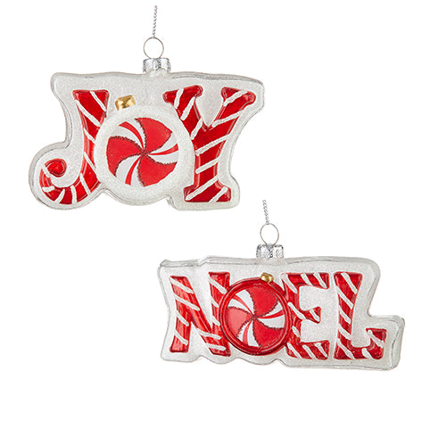 RAZ Imports <br> Hanging Ornament <br> Joy or Noel Glass Ornament <br> 2 Assorted (Price for Each)
