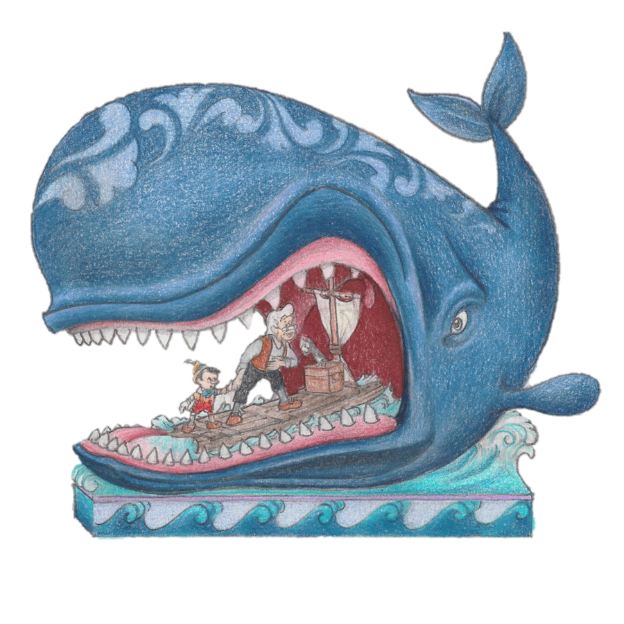 Jim Shore's original Sketch of Pinocchio and Gepetto sailing into Whale Monstro