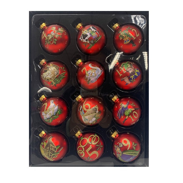 Hanging Ornaments <br>12 Days of Christmas Glass Baubles <br> Set of 12
