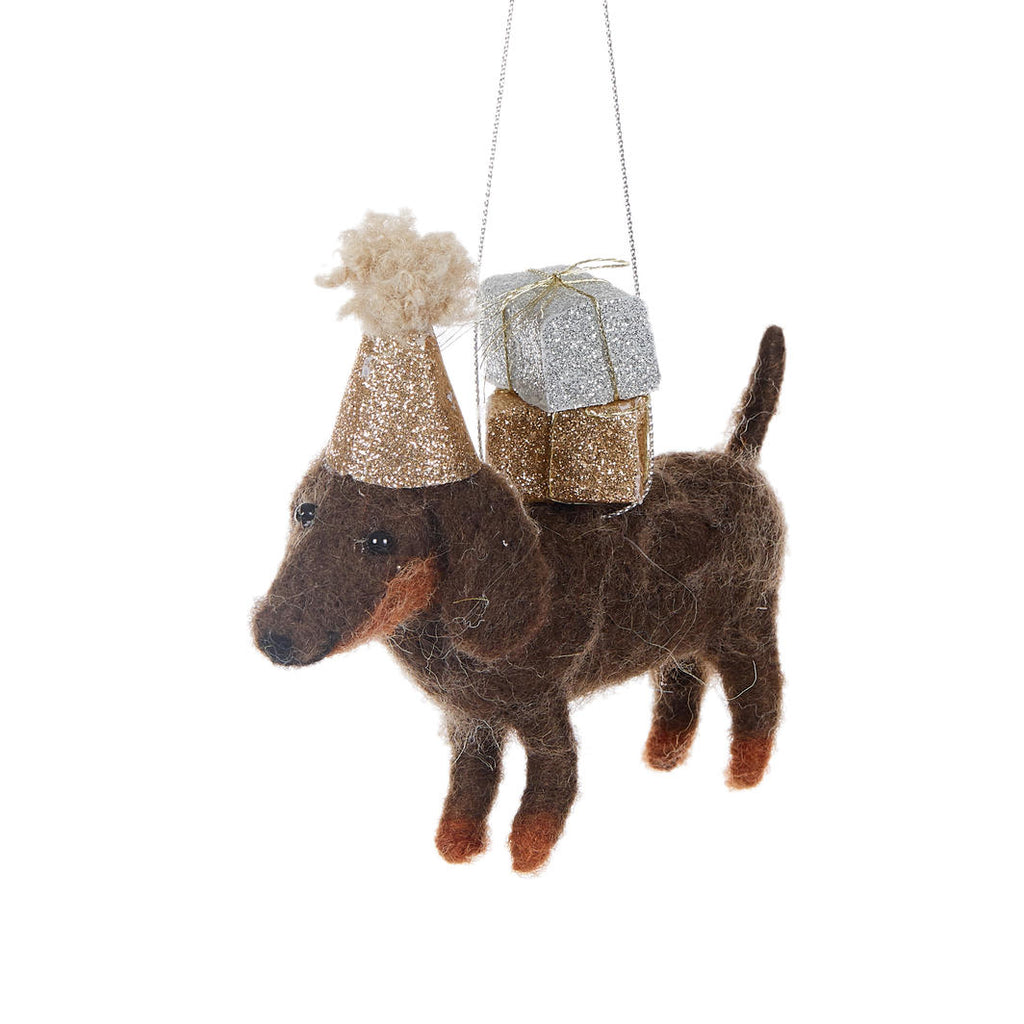 Hanging Ornament <br> Wool Dachshund With Party Hat