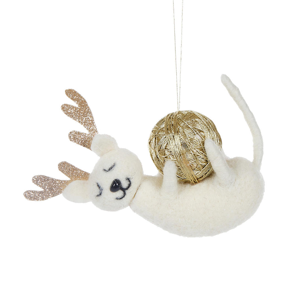Hanging Ornament <br> Cream Wool Cat With Yarn