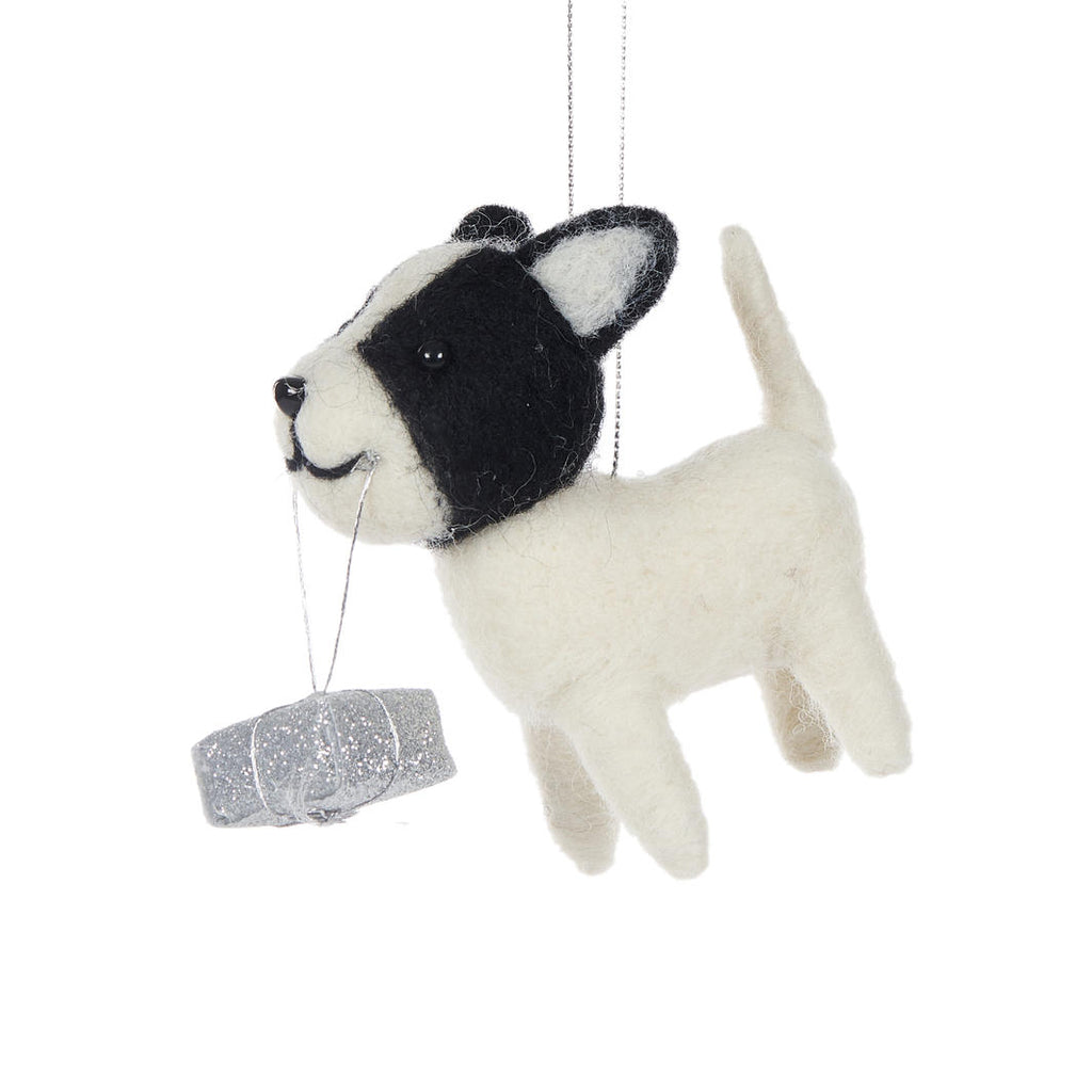 Hanging Ornament <br> Wool Bulldog With Present