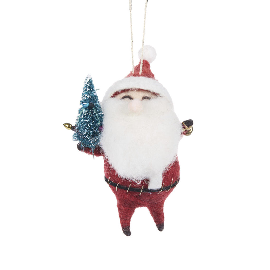 Hanging Ornament - Wool Santa with Christmas Tree