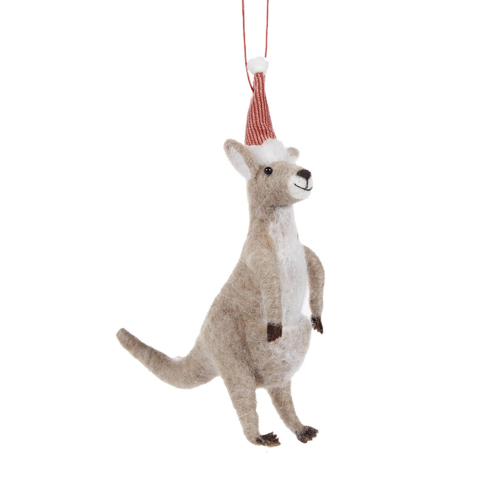 Hanging Ornament - Wool Kangaroo with Santa Hat