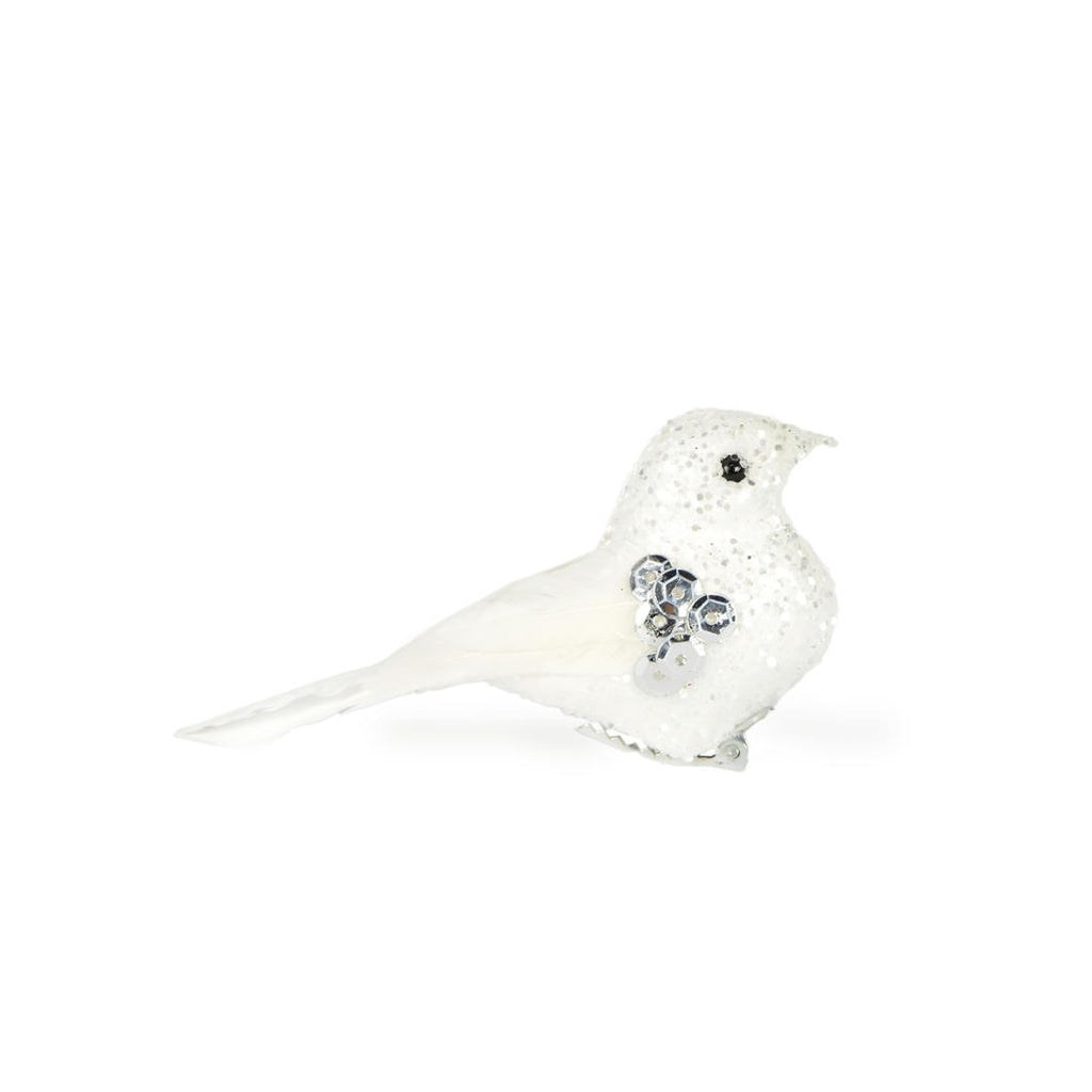 Hanging Ornament - Mini White Glitter Clip Bird