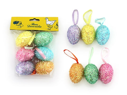 Hanging Glitter Tinsel Eggs (Pack 6)