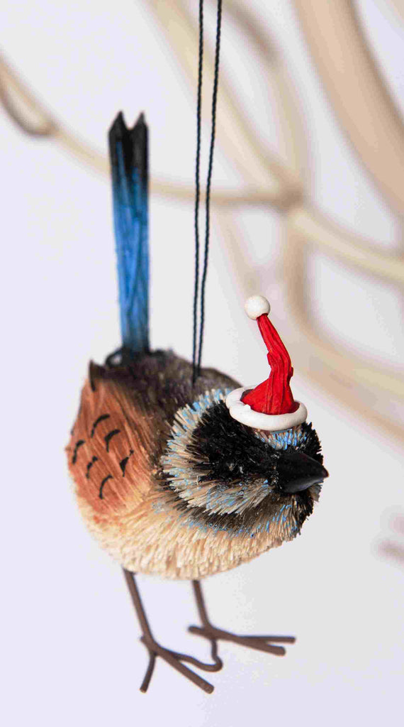 Bristlebrush Designs <br> Hanging Ornament <br> Blue Fairy Wren with Santa Hat
