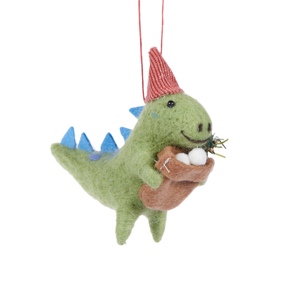 Hanging Ornament - Green Wool T-Rex with Eggs