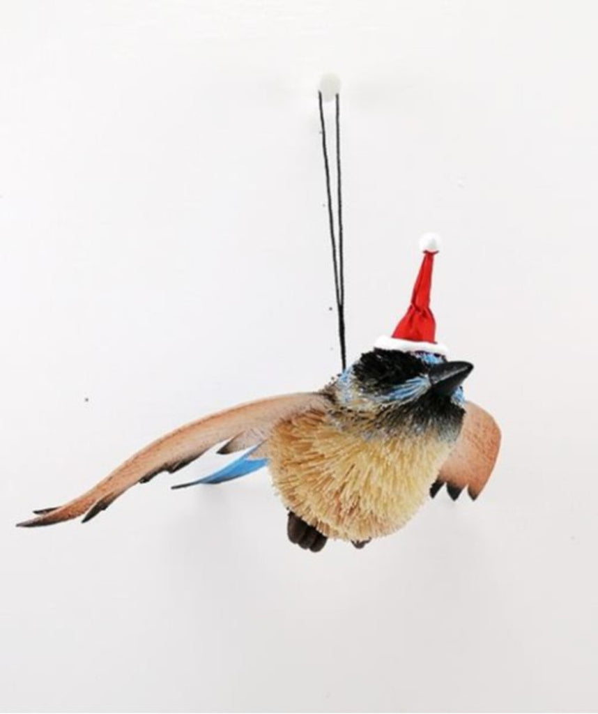 Bristlebrush Designs <br> Hanging Ornament <br> Blue Wren With Wings and Santa Hat