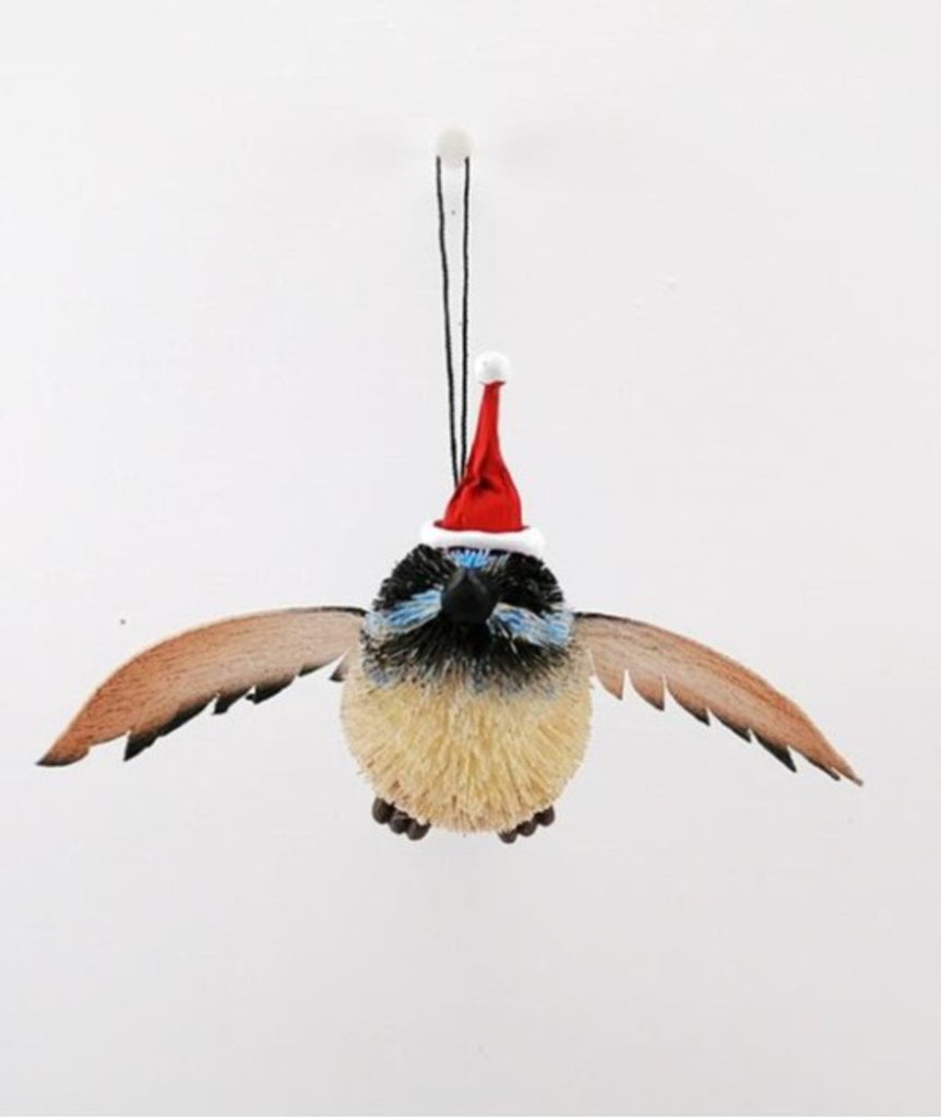 Bristlebrush Designs <br> Hanging Ornament <br> Blue Wren With Wings and Santa Hat