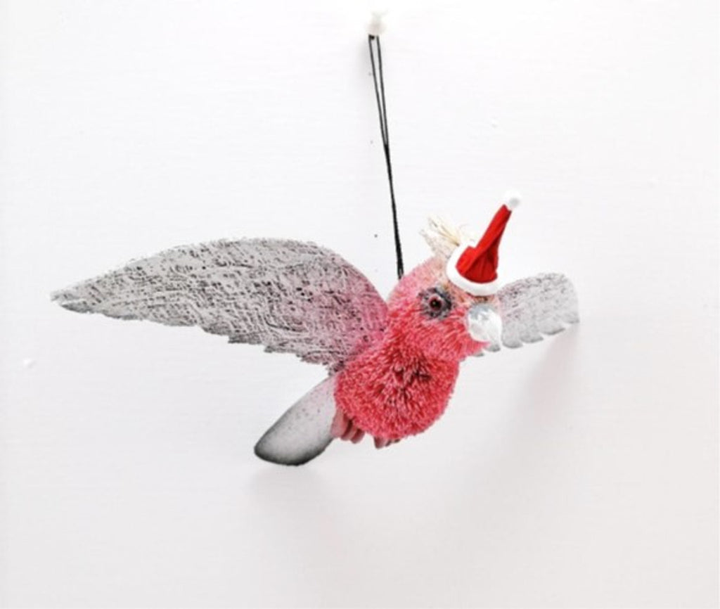Bristlebrush Designs <br> Hanging Ornament <br> Galah With Wings and Santa Hat